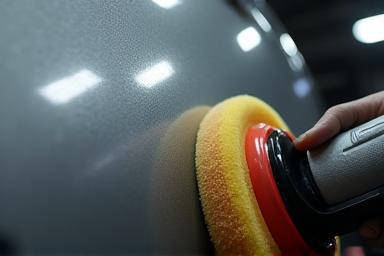 Paint correction being performed on a close-up car panel